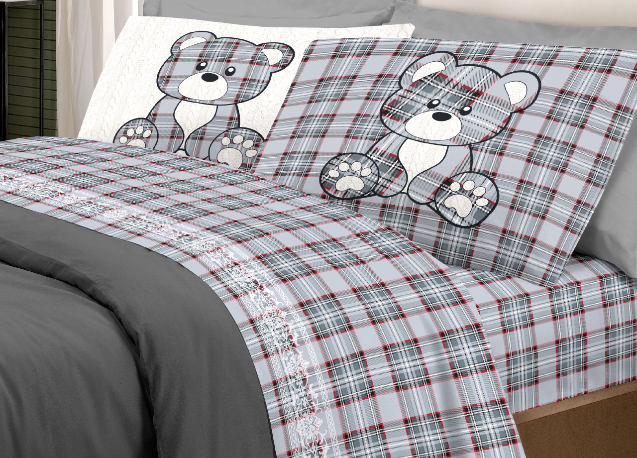 Set Completo Lenzuola In 100% Cotone Linea Pensieri Delicati Orsetto Tartan - Foto 7 di 21