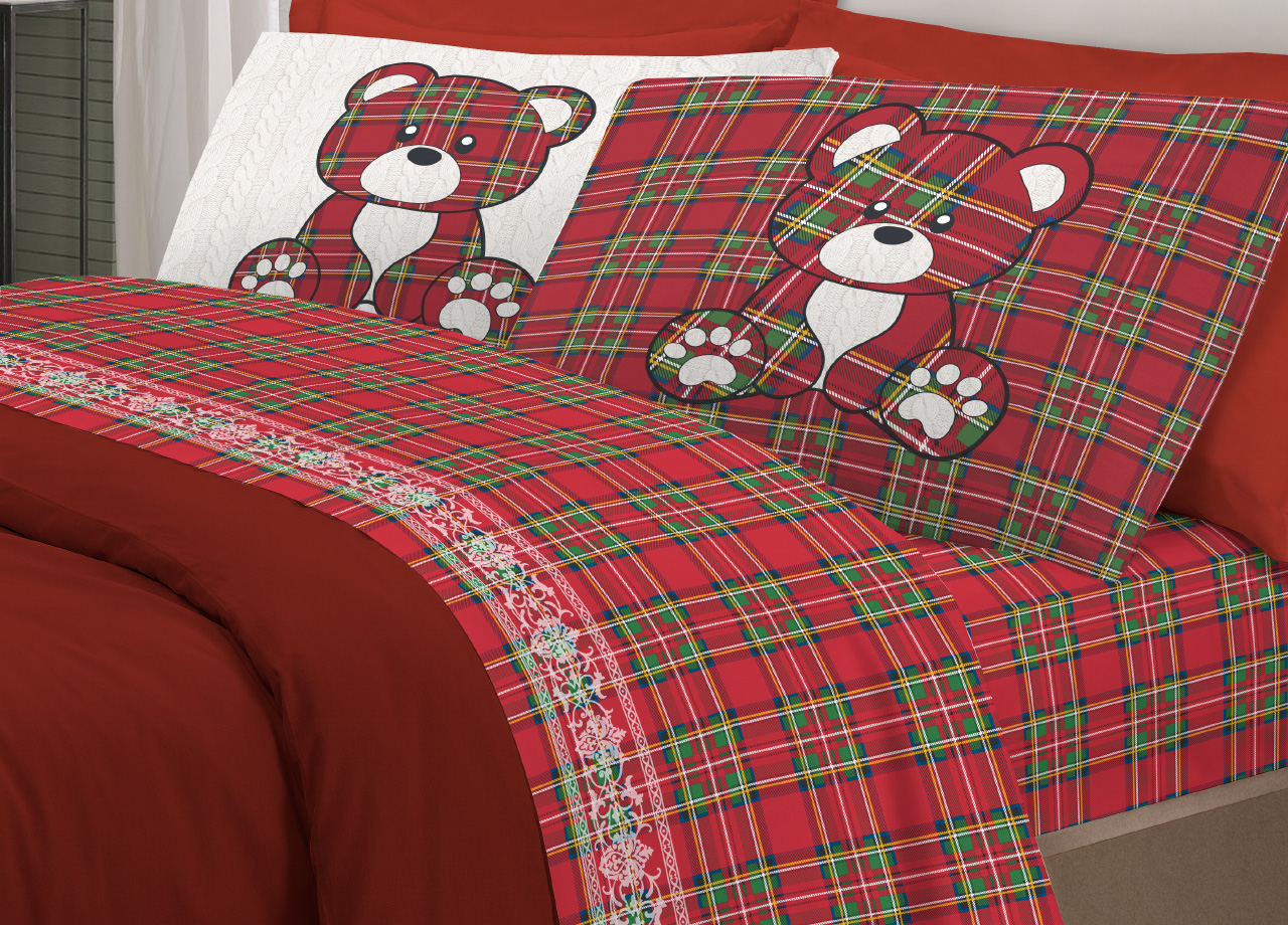 Set Completo Lenzuola In 100% Cotone Linea Pensieri Delicati Orsetto Tartan - Foto 12 di 21
