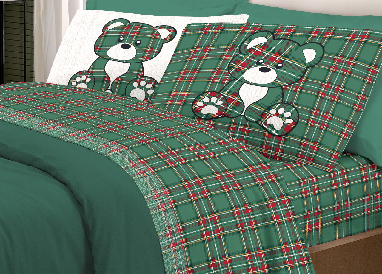 Set Completo Lenzuola In 100% Cotone Linea Pensieri Delicati Orsetto Tartan - Foto 17 di 21