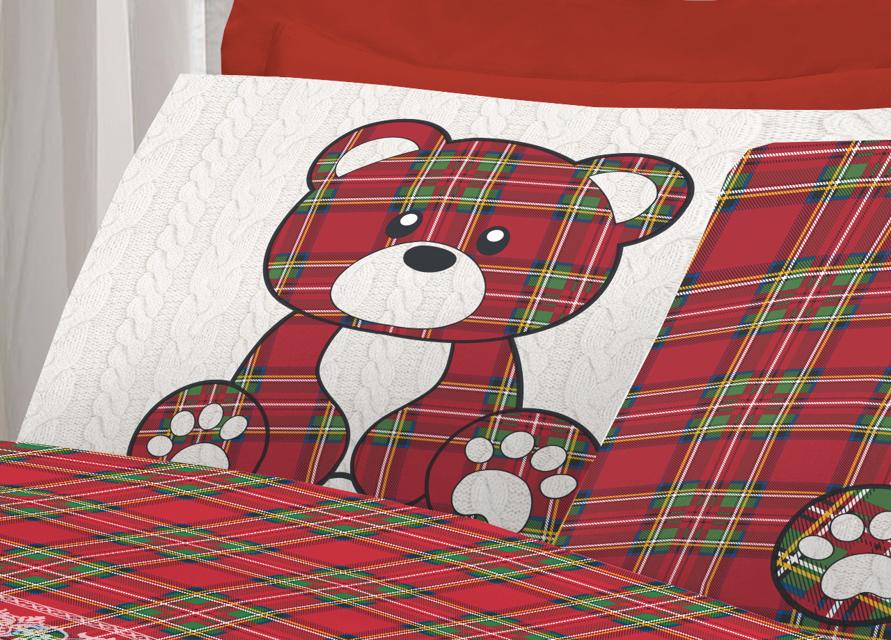 Set Completo Lenzuola In 100% Cotone Linea Pensieri Delicati Orsetto Tartan - Foto 14 di 21