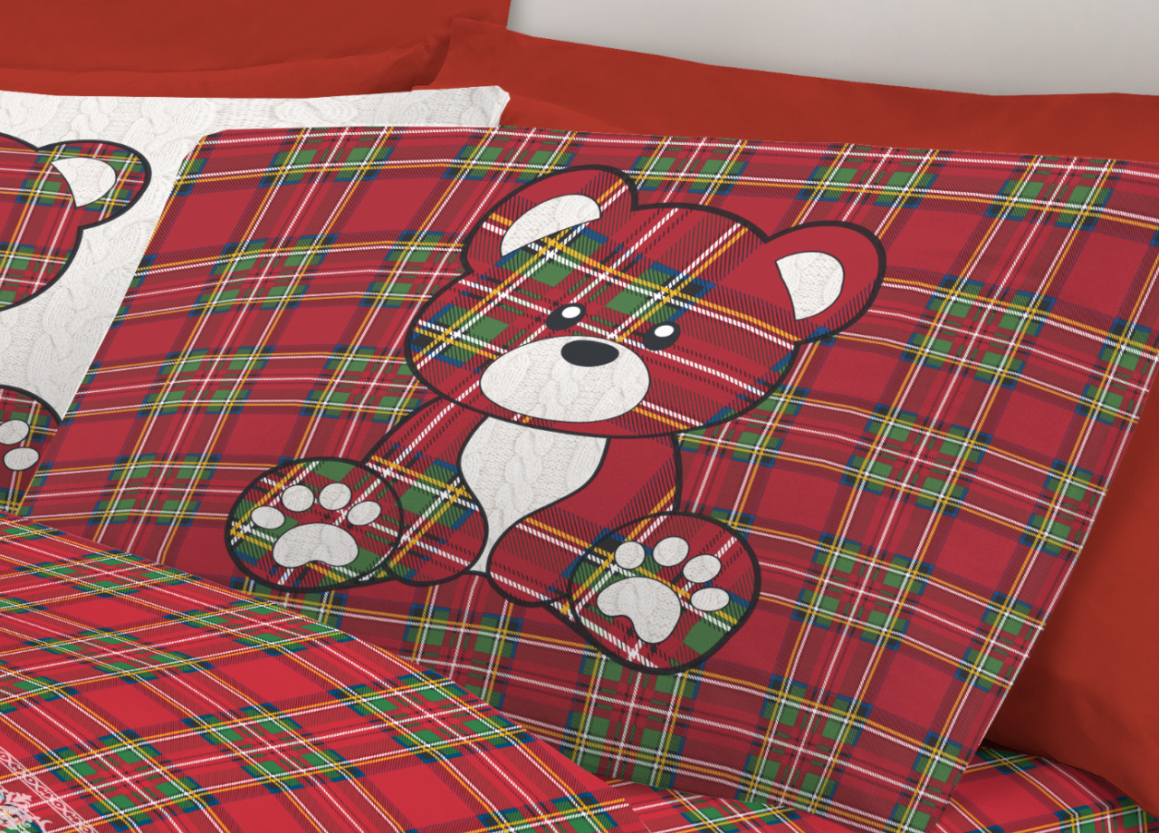 Set Completo Lenzuola In 100% Cotone Linea Pensieri Delicati Orsetto Tartan - Foto 13 di 21